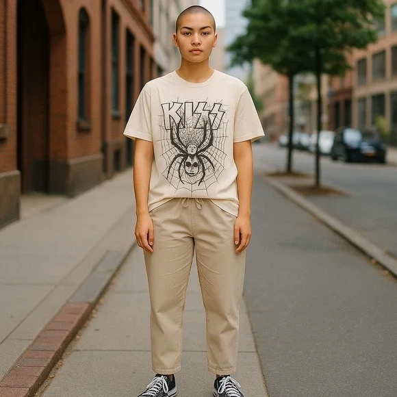 KISS Spider Web Graphic Tee XL Band Tour T-Shirt Beige Rock Vintage Style - Picture 1 of 6